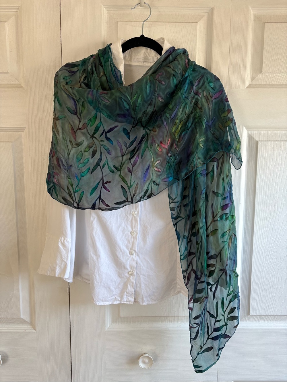 Heather Laurie Large Bias Silk Scarf Hand Dyed Cut Drape Green Purple Leaf Ombré